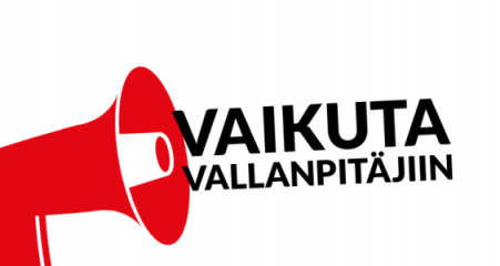 Vaikuta vallanpitäjiin -koulutuksen banneri, jossa punainen megafoni ja koulutuksen nimi.