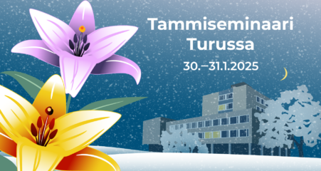 Piirros Turun suomenkielisestä työväenopistosta talvisessa maisemassa. Edessä keltainen ja violetti liljan kukka.
