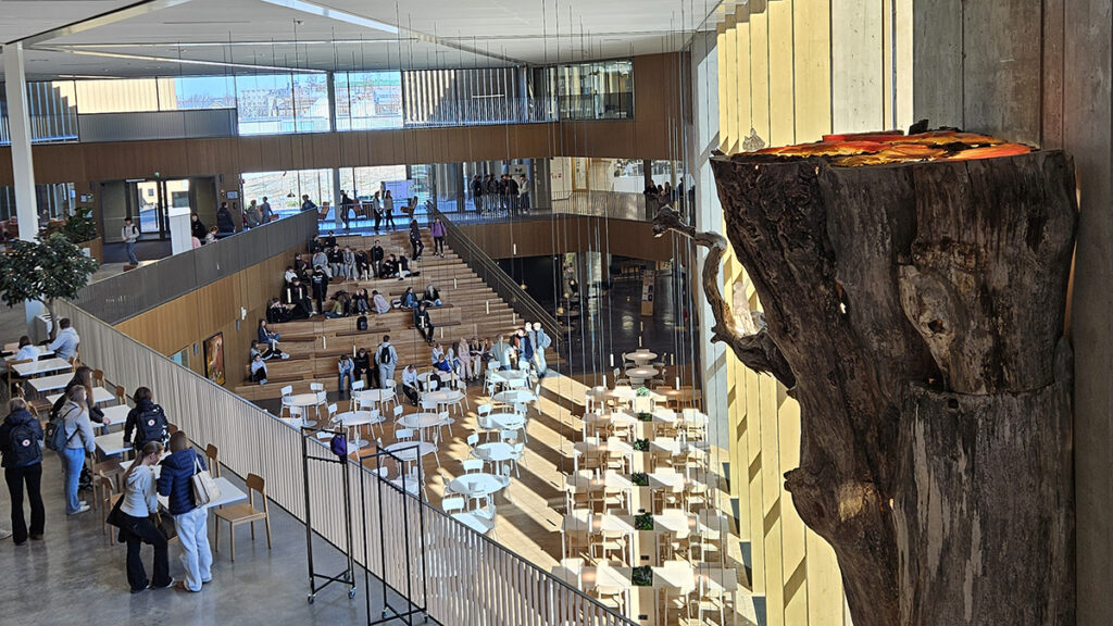 Karin kampuksen kevään valossa kylpevä aulatila ylätasanteelta kuvattuna.